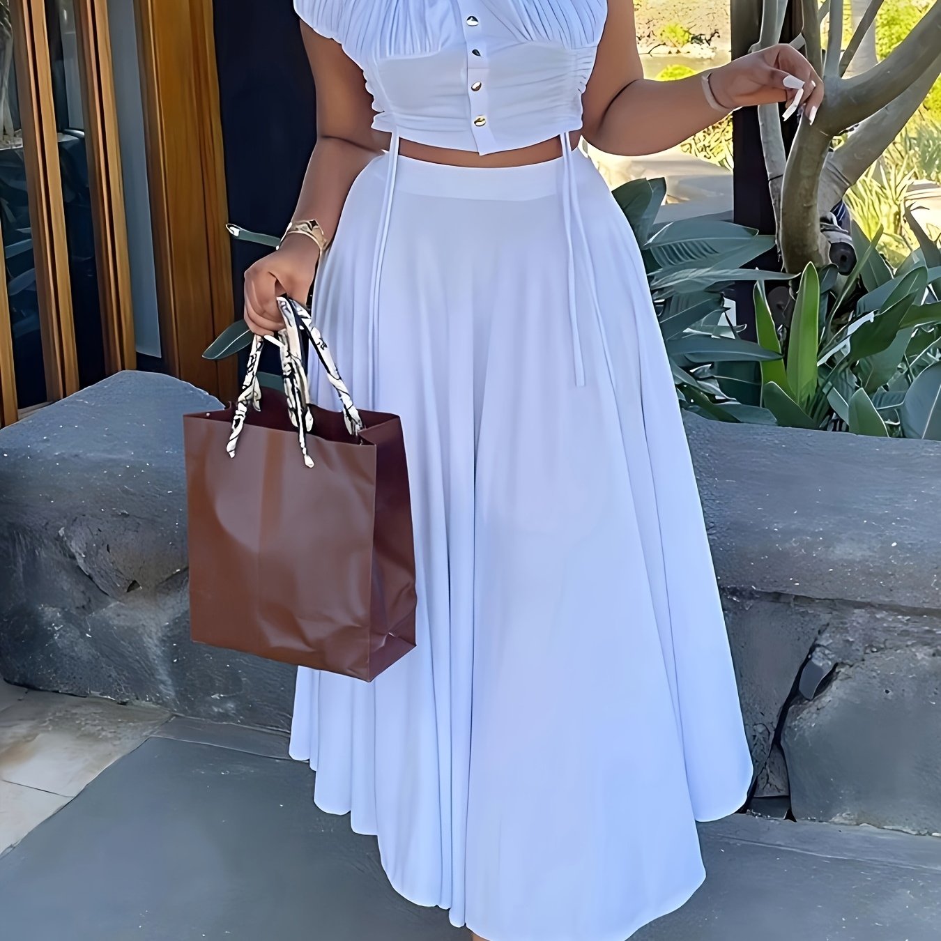 Women's Casual One-Shoulder Short Top A-Line Dangle Long Dress Fashion Set