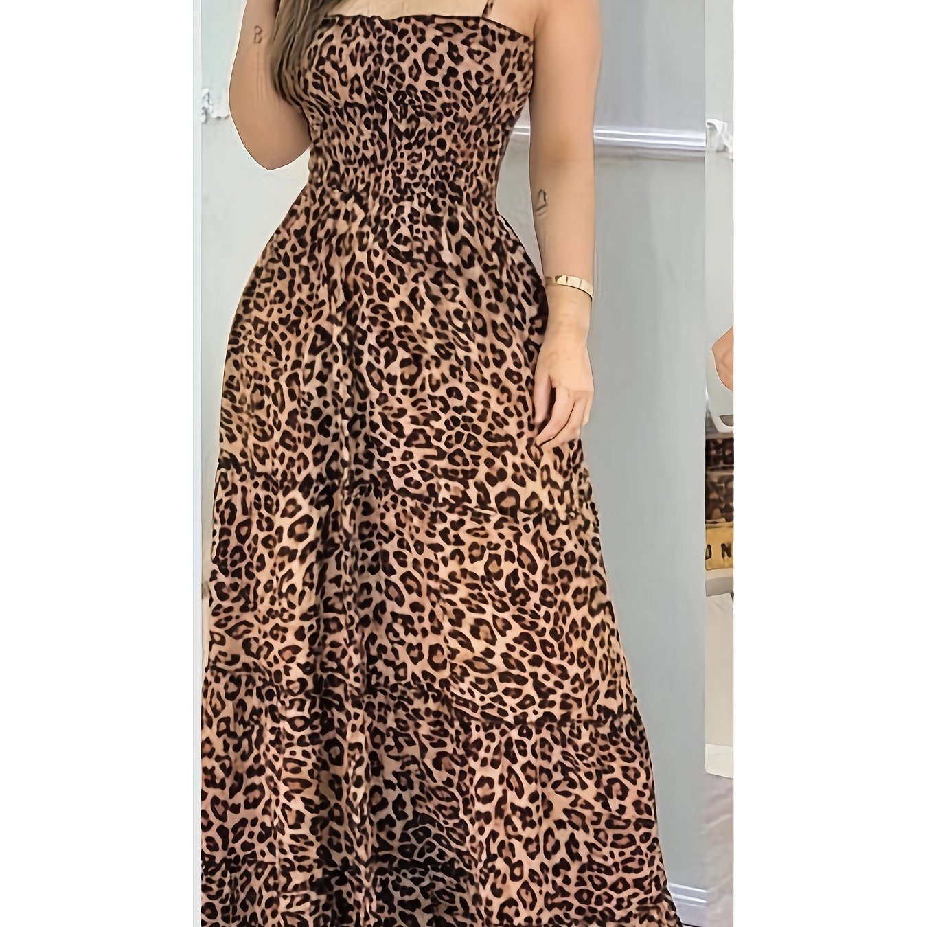 Elegant Leopard Print Off-Shoulder with Tie Straps Dress