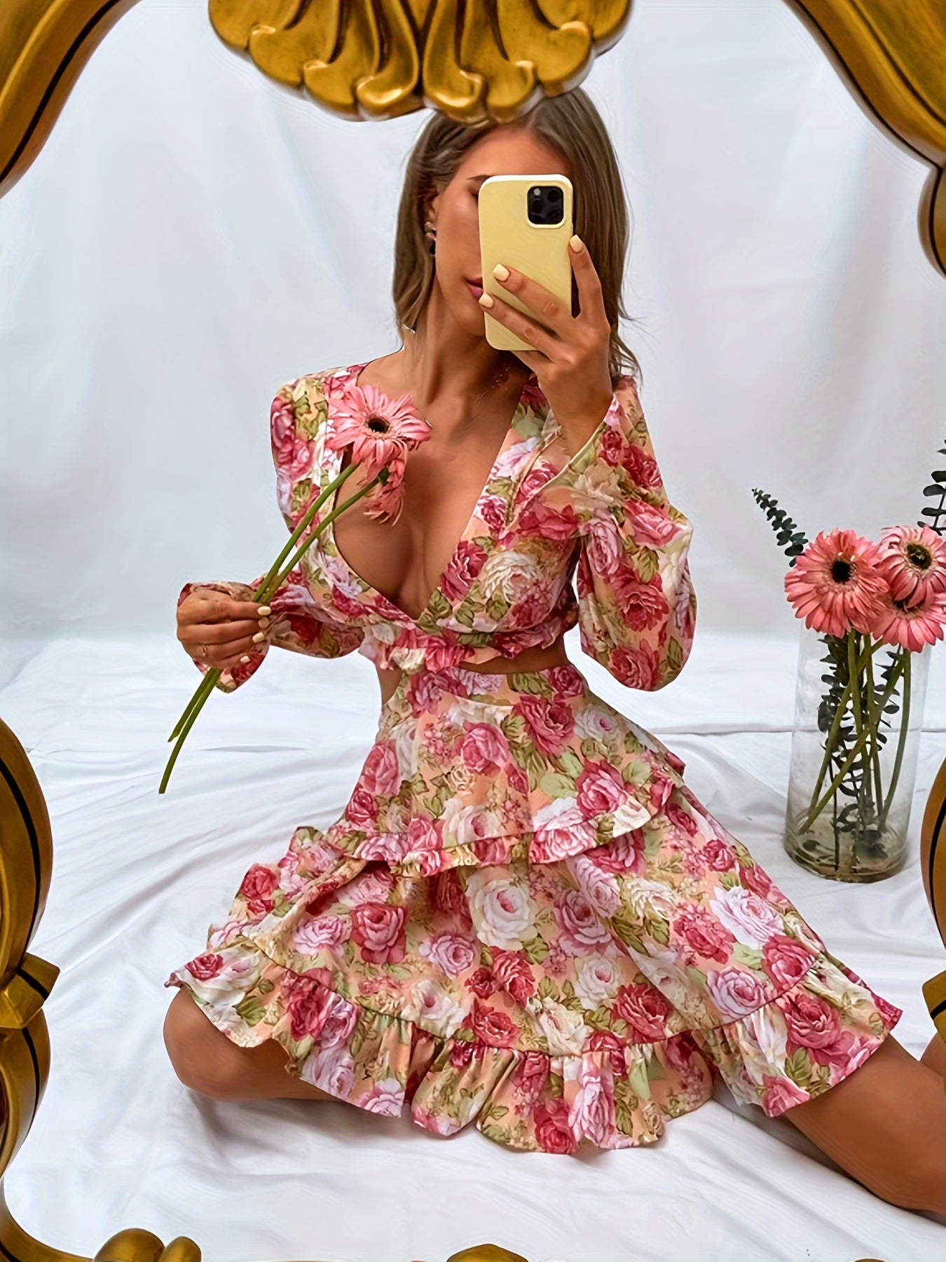 Chic Floral Print Deep V-Neck Chiffon Dress with Tie Back & Ruffle Sleeves