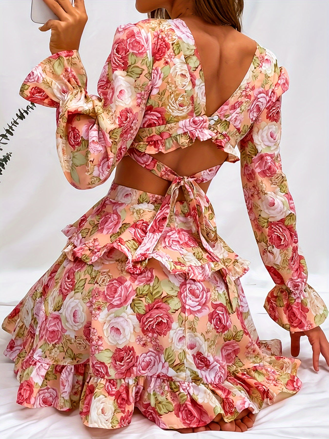 Chic Floral Print Deep V-Neck Chiffon Dress with Tie Back & Ruffle Sleeves