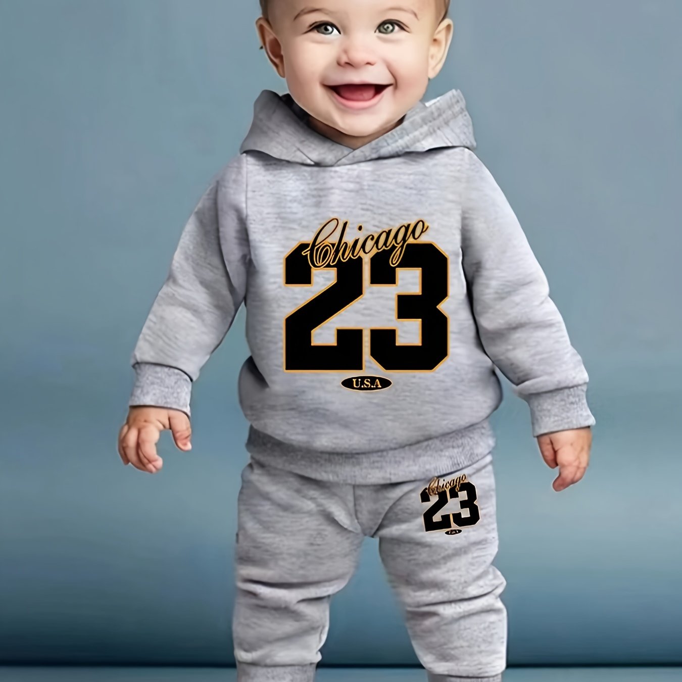 Baby Boy's Autumn And Winter Chicago 23 Print Hooded Sweatshirt + Pants Outdoor Set, 2pcs Comfy Trendy Outfits For For Outdoor Play And Daily Life