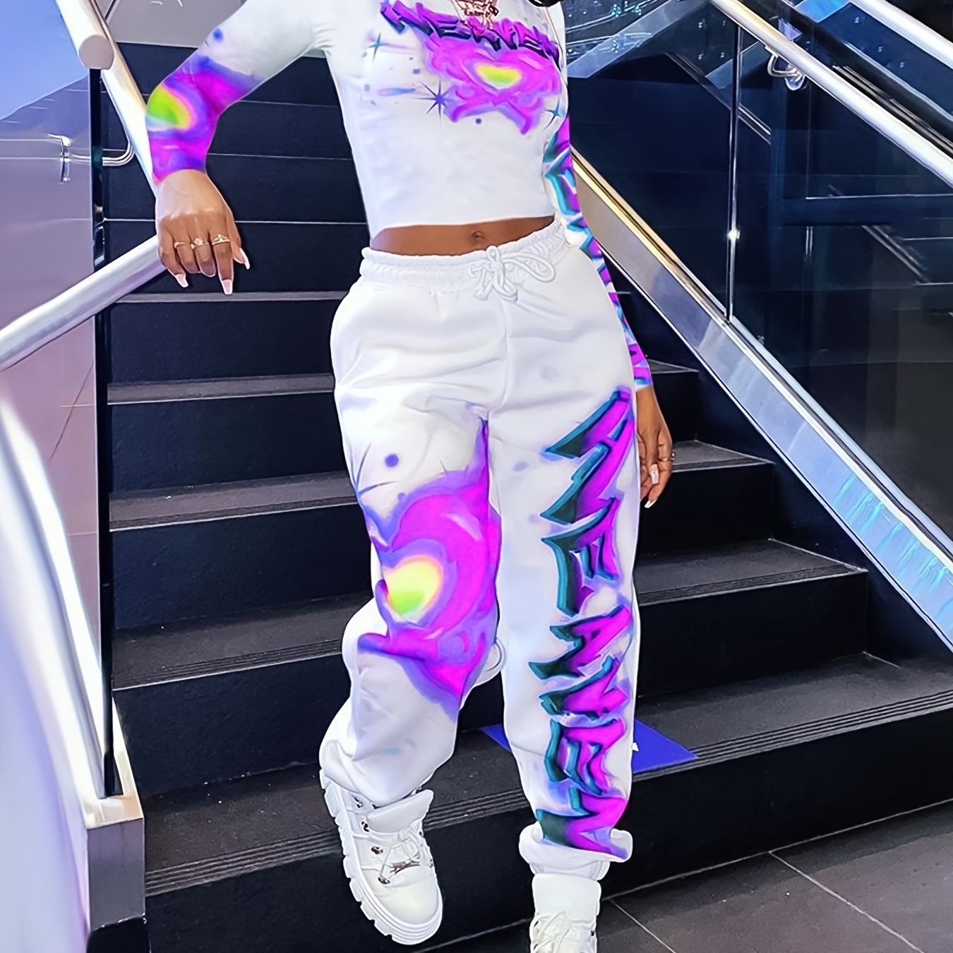 Women's Y2K Heart & Letter Print Long Sleeve Crop Top & Drawstring Joggers Set