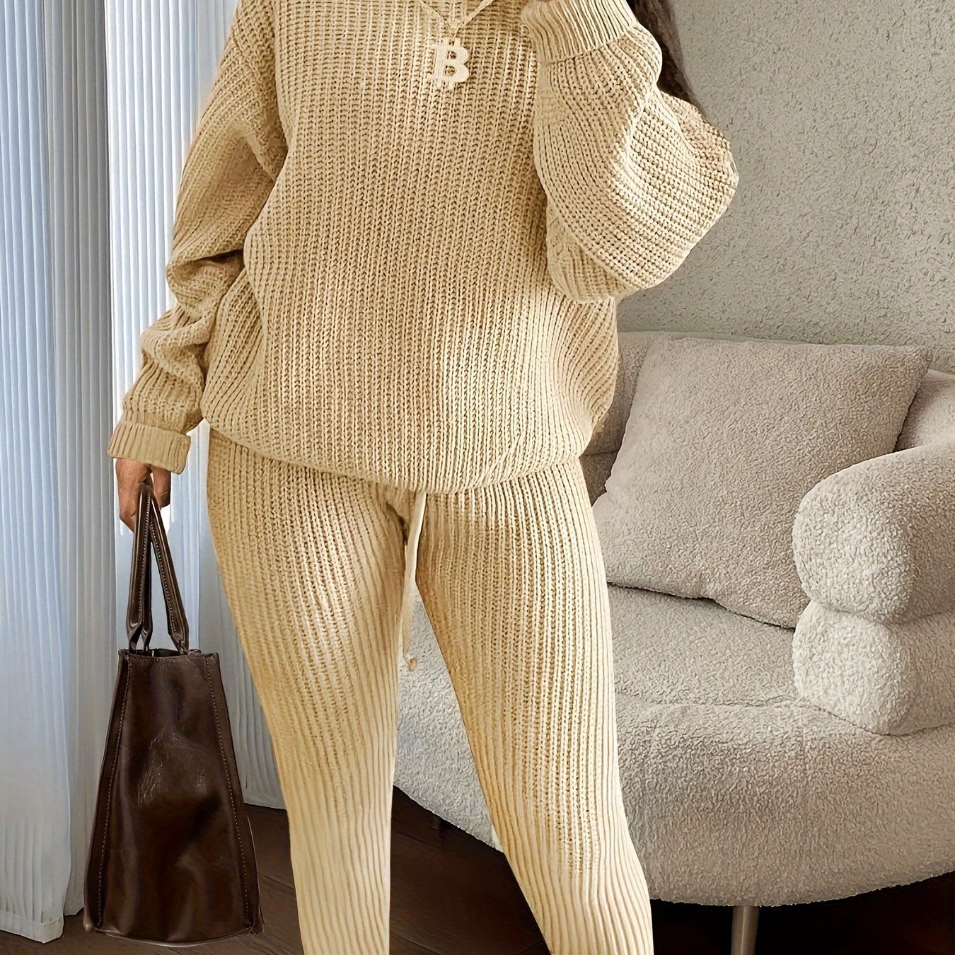 Solid Knitted Casual Two-piece Set, Crew Neck Long Sleeve Top & Pants Outfits, Women's Clothing