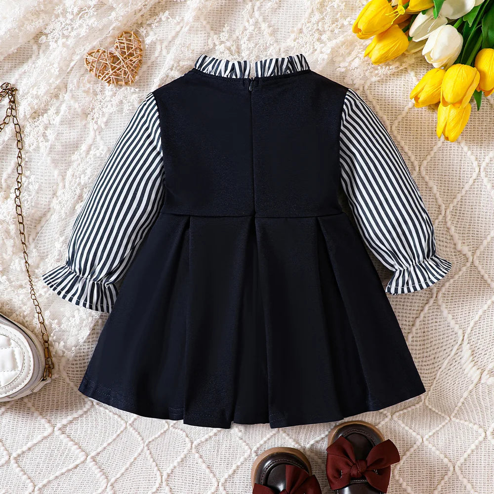 Toddler Girls Round Neck Long-sleeved Patchwork One-piece Children Dress