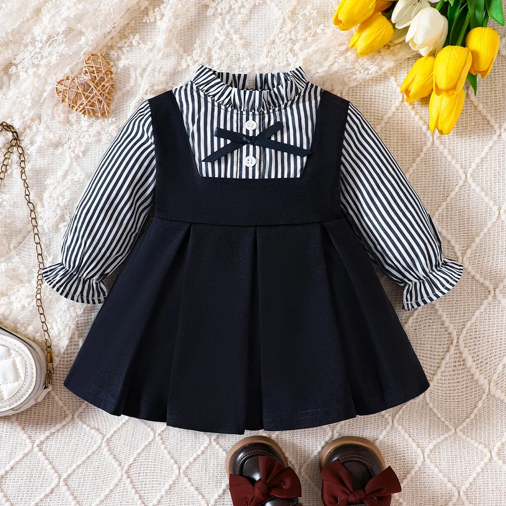 Toddler Girls Round Neck Long-sleeved Patchwork One-piece Children Dress