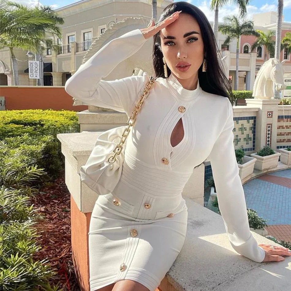 Women V Neck Bandage Red Sexy Long Sleeve Button Bodycon Elegant Dress