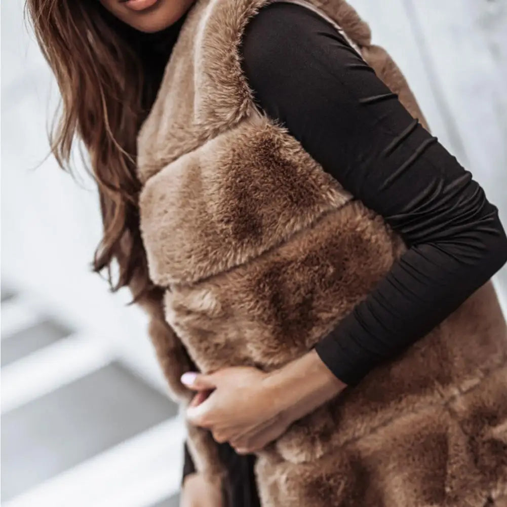 Women Jacket Vest Solid Color Round Neck Faux Fur Coat Thick Crew Neck Outerwear Plush Jacket for Women
