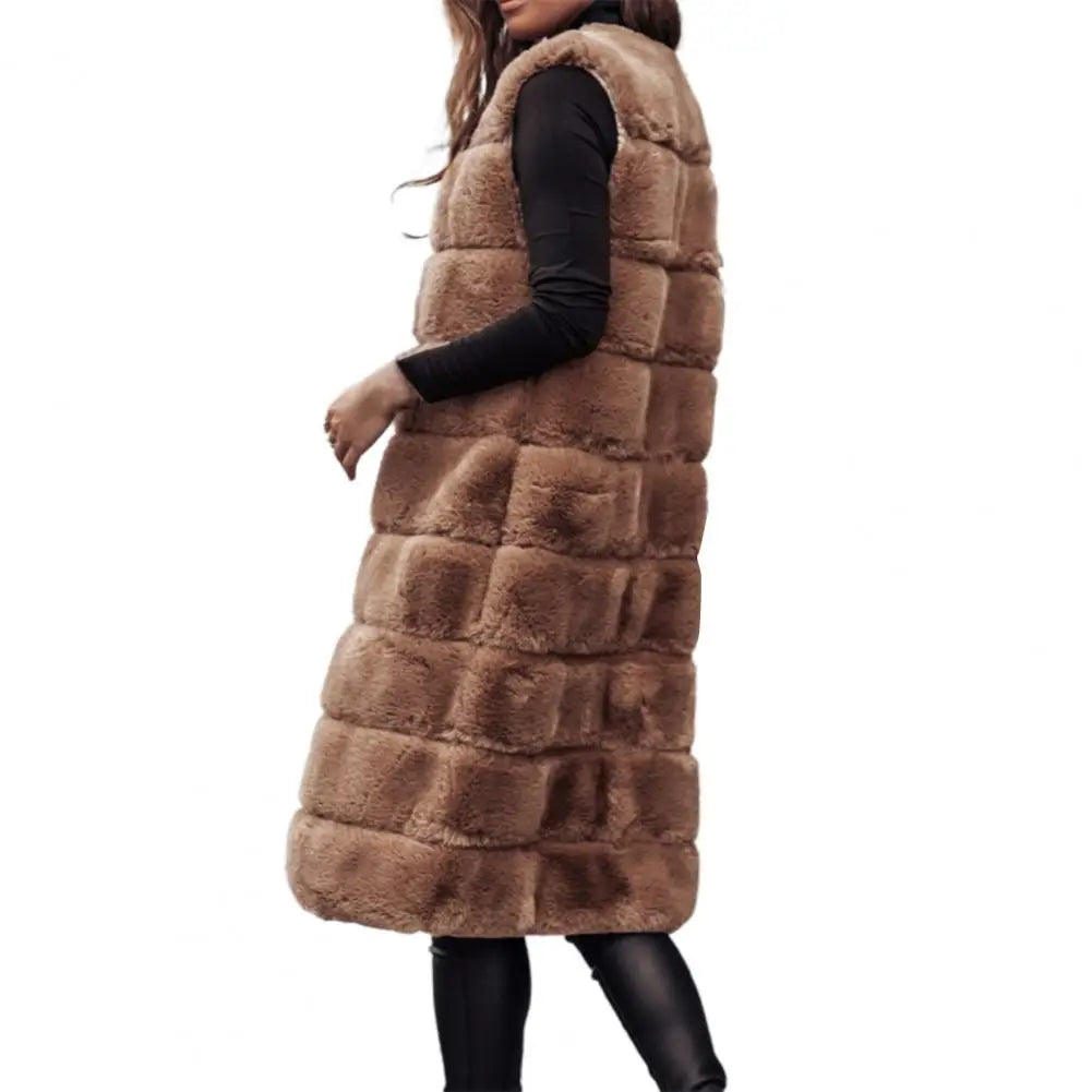 Women Jacket Vest Solid Color Round Neck Faux Fur Coat Thick Crew Neck Outerwear Plush Jacket for Women