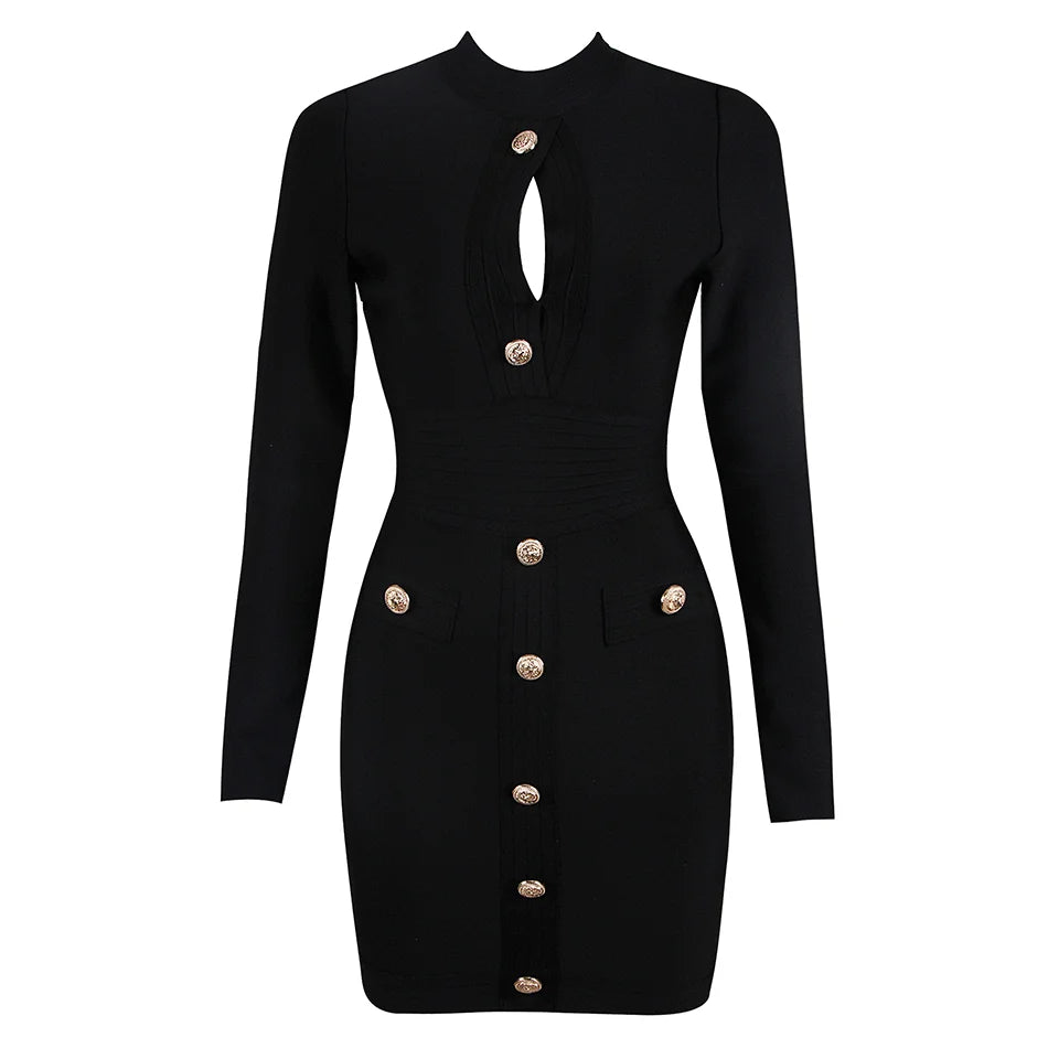 Women V Neck Bandage Red Sexy Long Sleeve Button Bodycon Elegant Dress