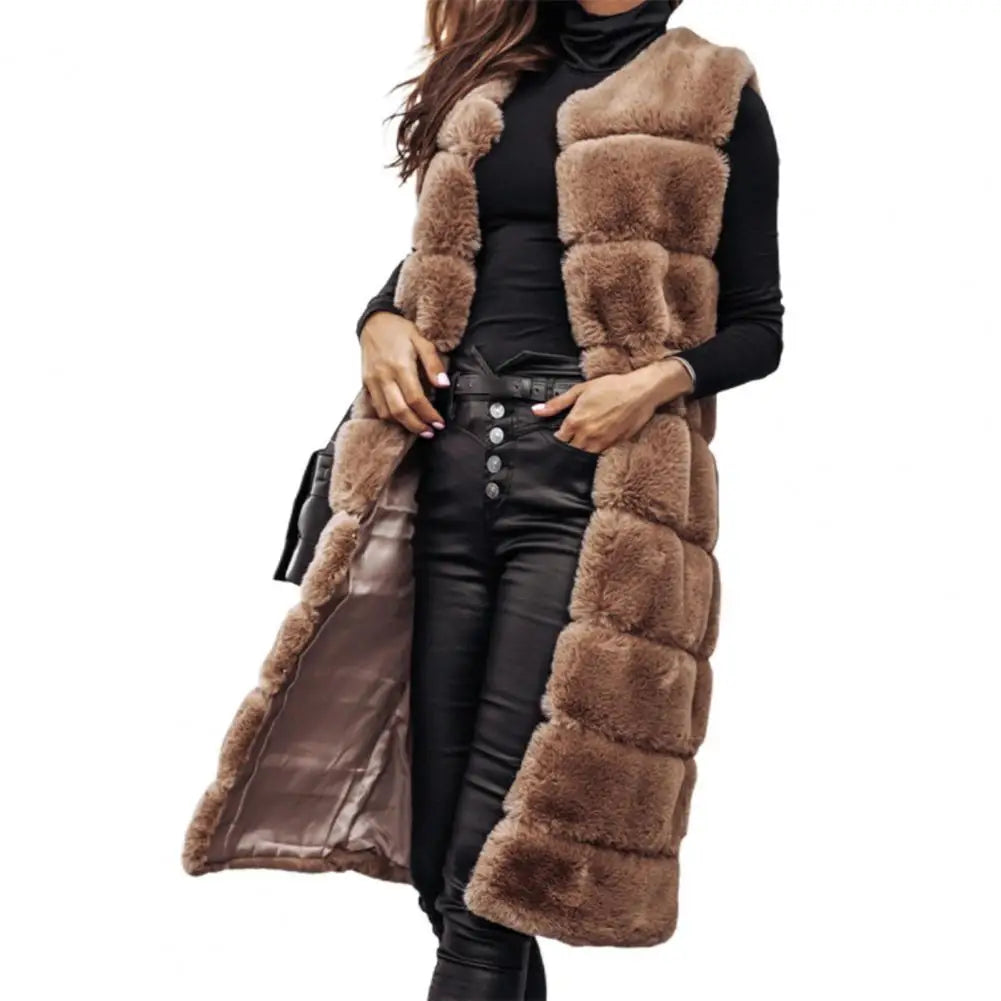 Women Jacket Vest Solid Color Round Neck Faux Fur Coat Thick Crew Neck Outerwear Plush Jacket for Women