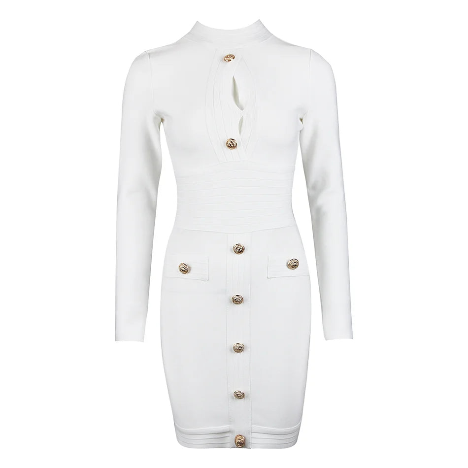 Women V Neck Bandage Red Sexy Long Sleeve Button Bodycon Elegant Dress