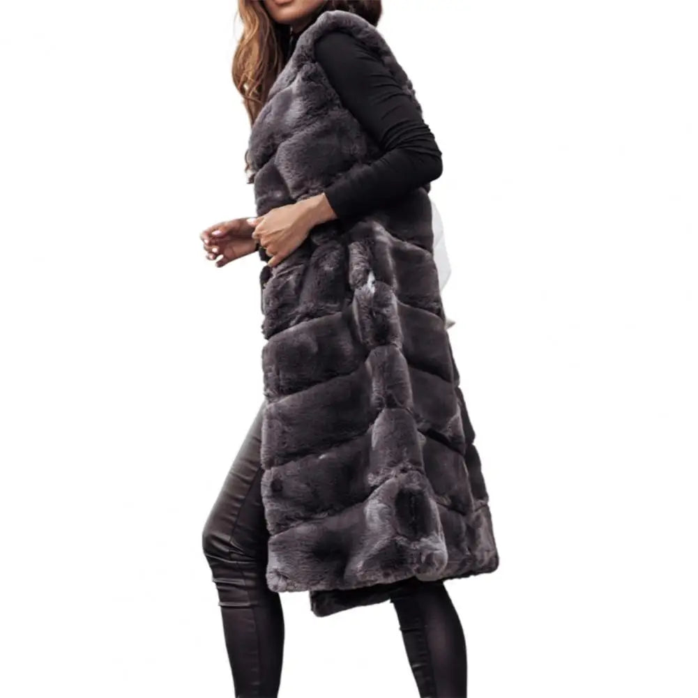 Women Jacket Vest Solid Color Round Neck Faux Fur Coat Thick Crew Neck Outerwear Plush Jacket for Women