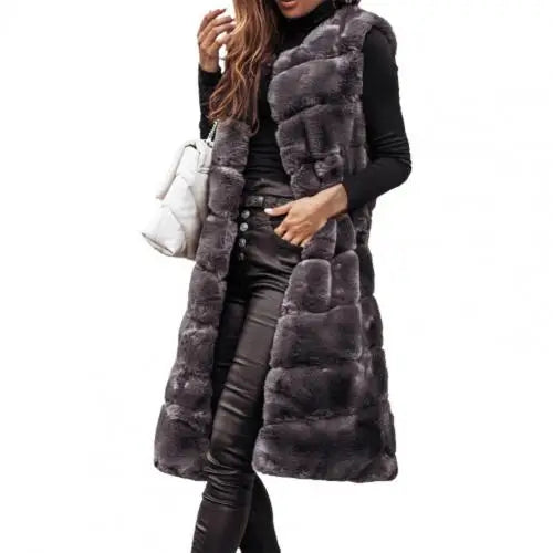 Women Jacket Vest Solid Color Round Neck Faux Fur Coat Thick Crew Neck Outerwear Plush Jacket for Women