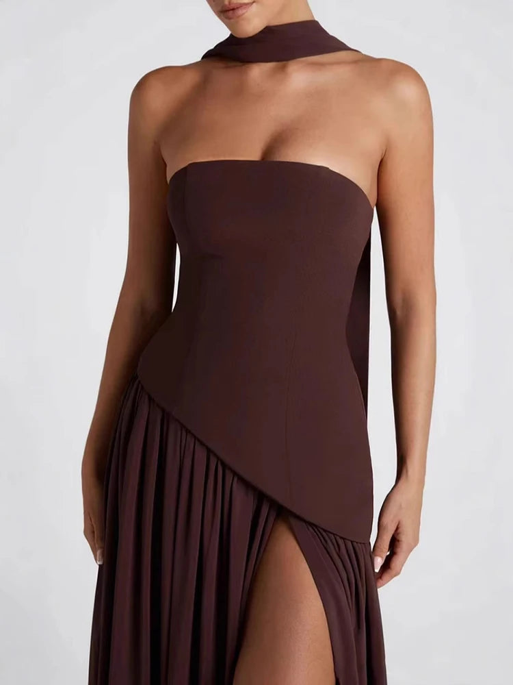 Women Elegant Contrast Slim Ribbon Dress Back Lace Up Female Strapless Dress