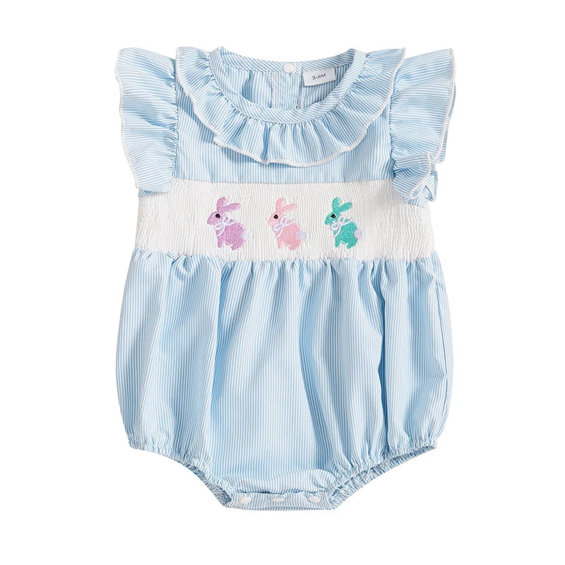Easter Baby Girl Clothes Short Sleeve Ruffle Collar Bunny Embroidery Jumpsuit Playsuit