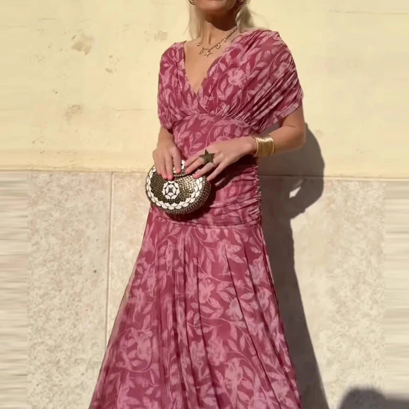 Floral Bloom Elegance High-Waist Pleated Cocktail Dress