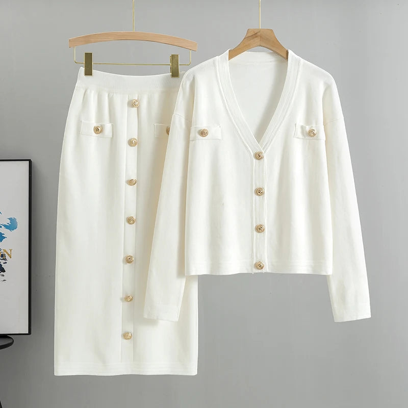 Elegant Knit Blazer Skirt Set Women Matching Set Vintage Knitted two piece