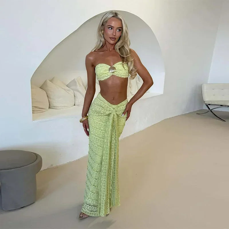 Pearl Mirage Beach Goddess Tube Crop & High Slit Ribbon Skirt Two-Piece Co-Ord