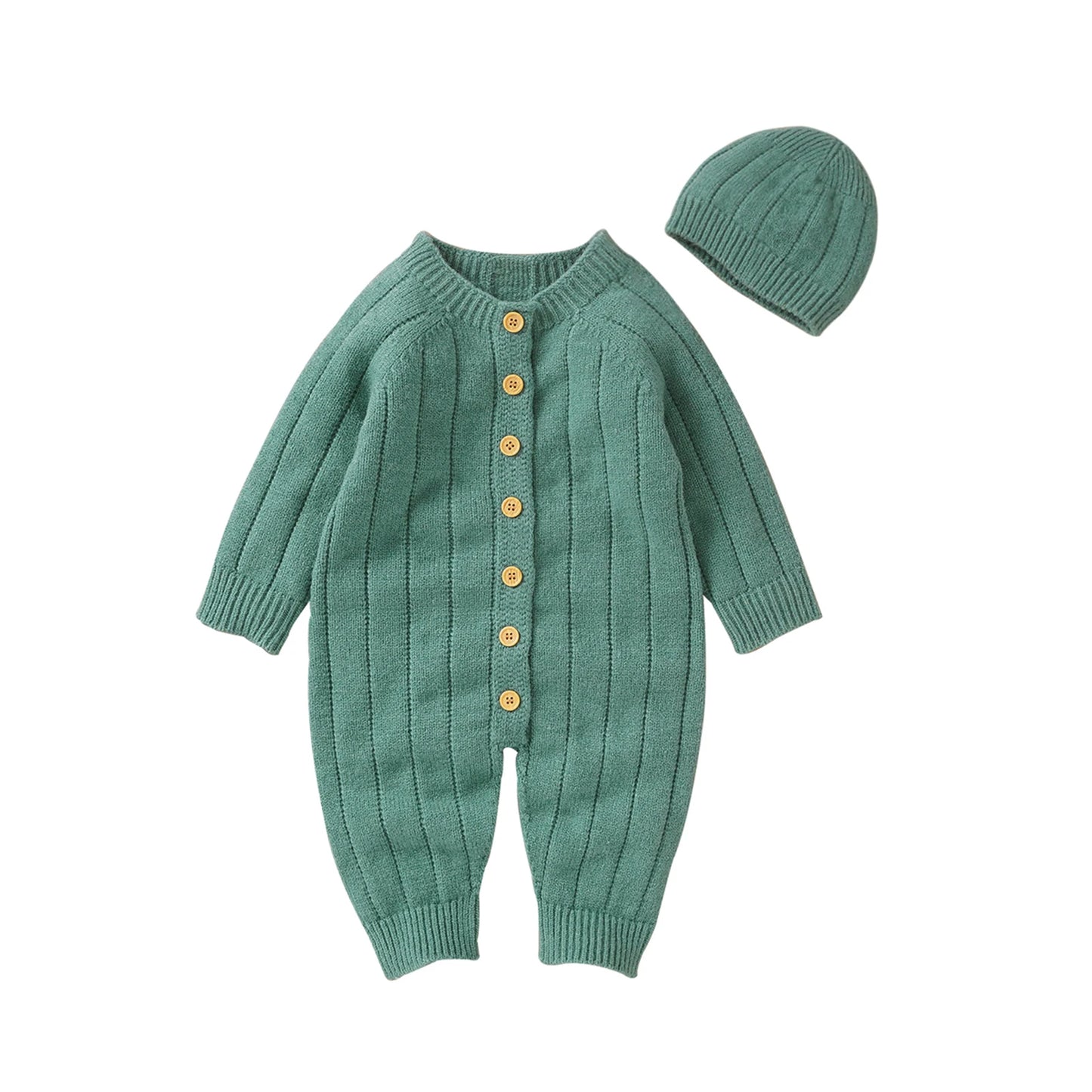 Baby Girls Boys Winter Jumpsuit and Cap Solid Color Long Sleeve Single-breasted Knitted Romper 0-18Months