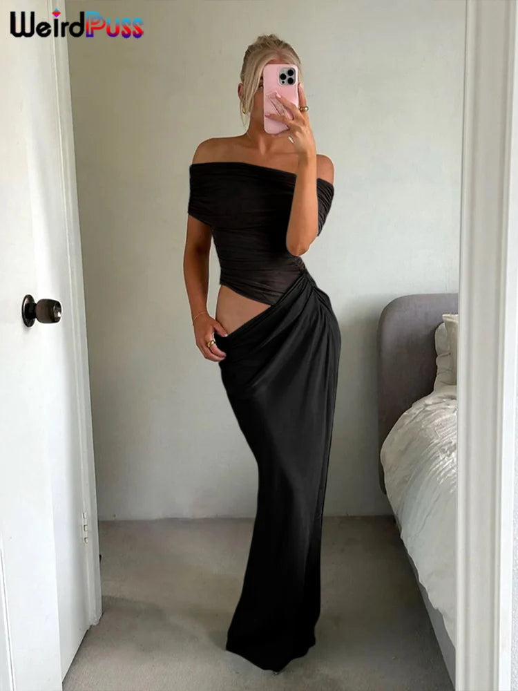 Elegant Long Bodycon Velour Muse Ruched Mesh Maxi Dress