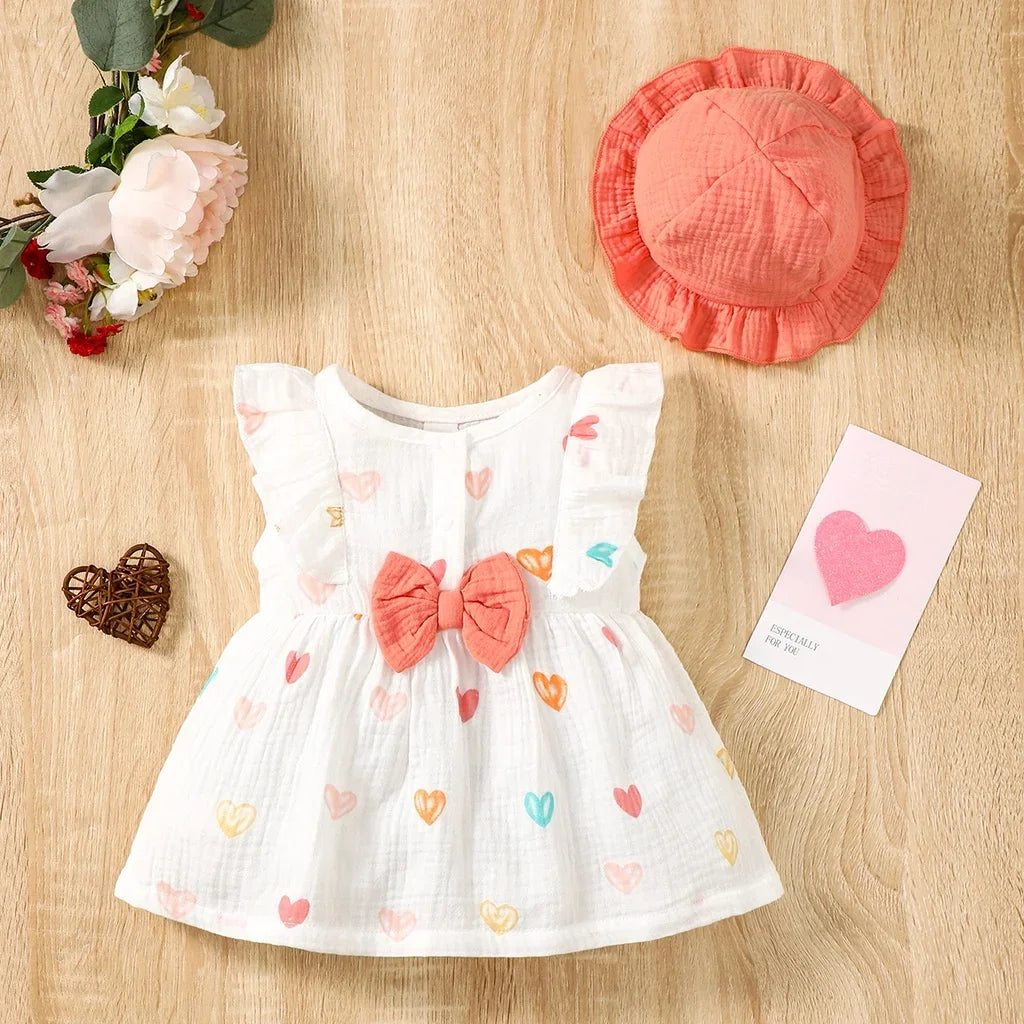 Baby Girl Sweet Cotton Sleeveless Love Pattern Dress+Hat Dress