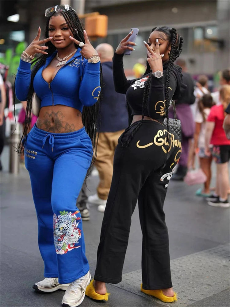 Aualay Y2k Black Printed Hoodies Sweatpant Party Club Clothing For Woman 2024 Spring Blue Graphic Bodycon 2 Two Piece Pants Sets