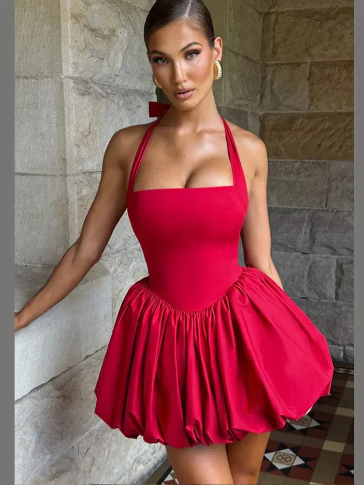 Blush Elegance Lace-Up Puff Hem Mini Dress