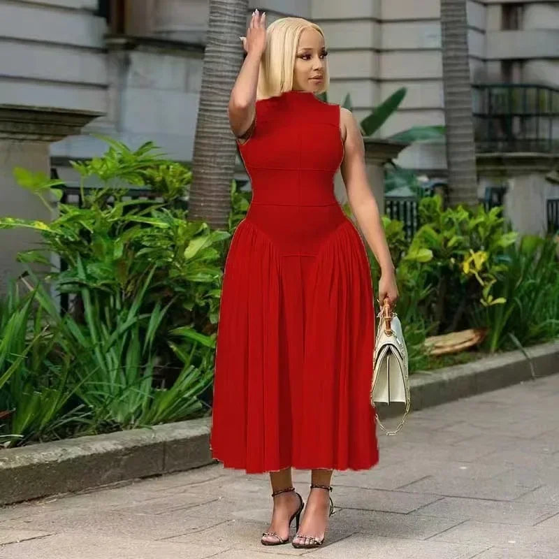 Women Ruched Side Sleeveless Pleated Maxi Dress