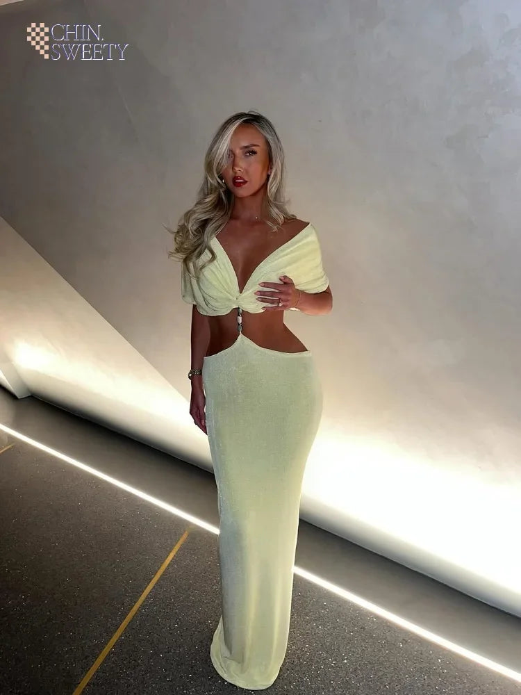 Women Elegant Strapless Hollow Waist Maxi Dress Fashion Backless Pleated Bodycon