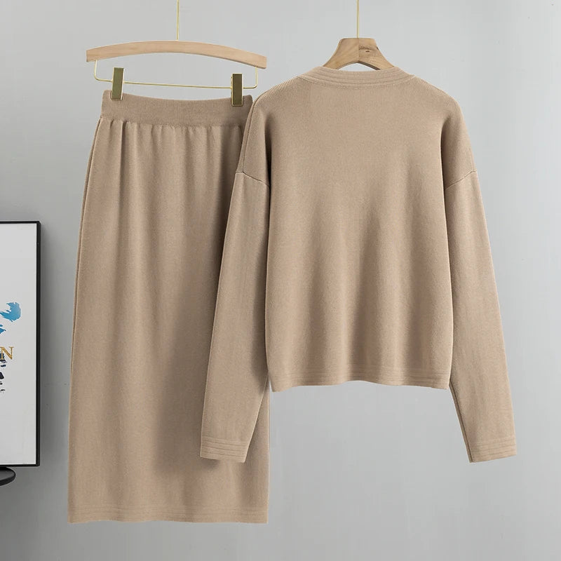 Elegant Knit Blazer Skirt Set Women Matching Set Vintage Knitted two piece