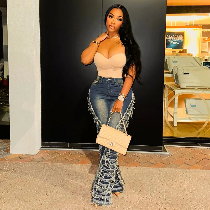 y2k Clothes Streetwear Jeans Tassel Pants Women 2024 Casual High Waist Design denim Blue Fashion Baggy Design Trousers Pants