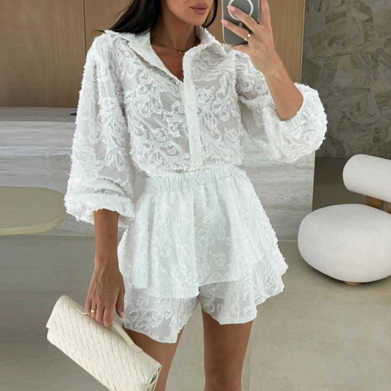 Fashion Lapel Button Shirt and Shorts Suit Casual Long Sleeved Beach Outfit 2025 Summer Lace Ruffle Loose Women's Two Piece Set