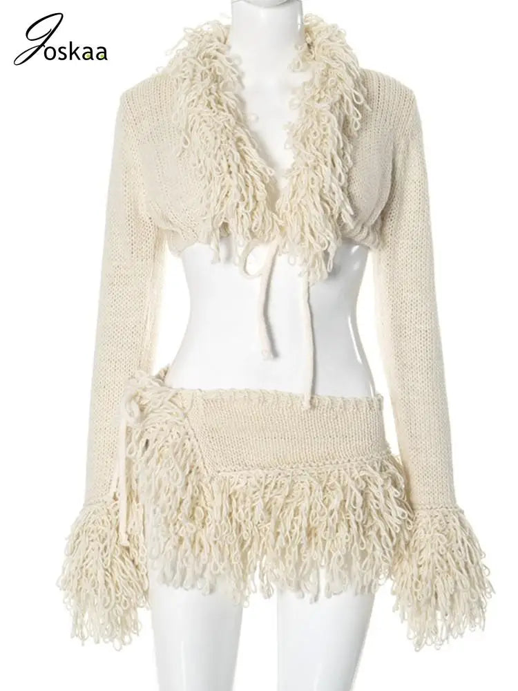 Women Hipster Sexy Long Sleeve Lace-Up Cardigan Tops and Mini Skirts