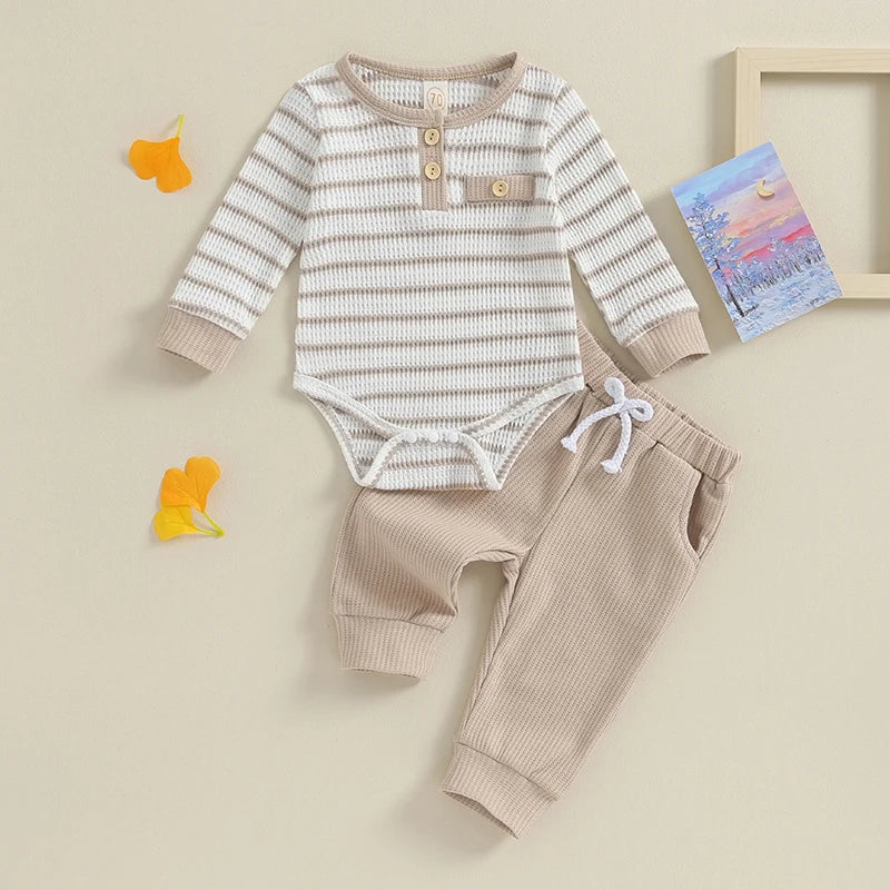 Newborn Baby Boy Girl Fall Winter Clothes Waffle Knit Striped Romper Long Pants Set Home Outfit