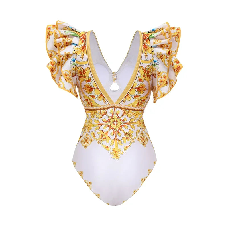 Golden Riviera Luxe Ruffle V-Neck One-Piece & Chic Shorts Beachwear Co-Ord