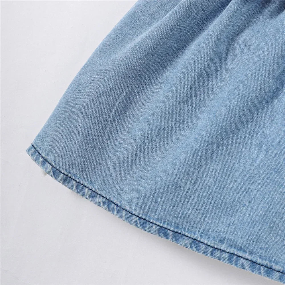 Baby Girl Bubble Sleeve Lapel Jeans Casual Dress