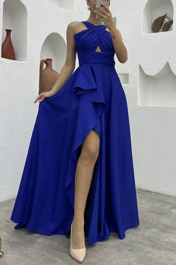 Elegant Fashion Sleeveless High Waist Hollow Out Ruffle Slit Dress