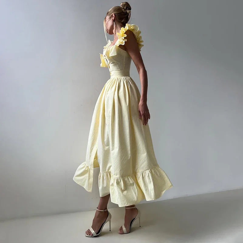 Flying Sleeves Striped Long Dresses Woman Elegant Single Breasted A-Line Robes Female Chic High Waist Summer Lady Robes Holiday