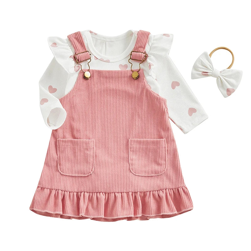 Valentine's Day Infant Baby Girls Outfits Heart Print Romper + Suspender Skirt + Headband Set Clothes