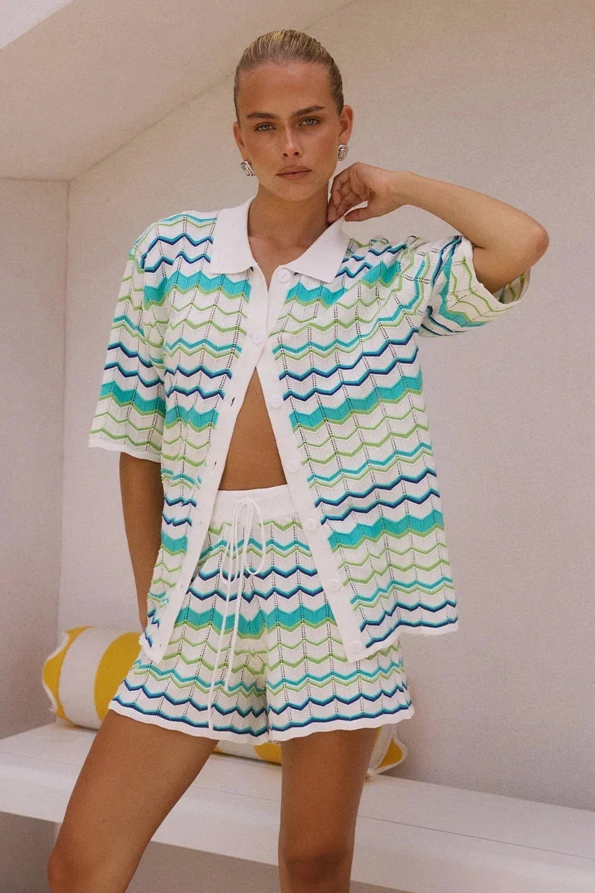 Casual Knitted Color Block Stripe Set Short Sleeve Open Cardigan Shorts Sweater Women's Fashion New Arrival 2024 Cross-Border