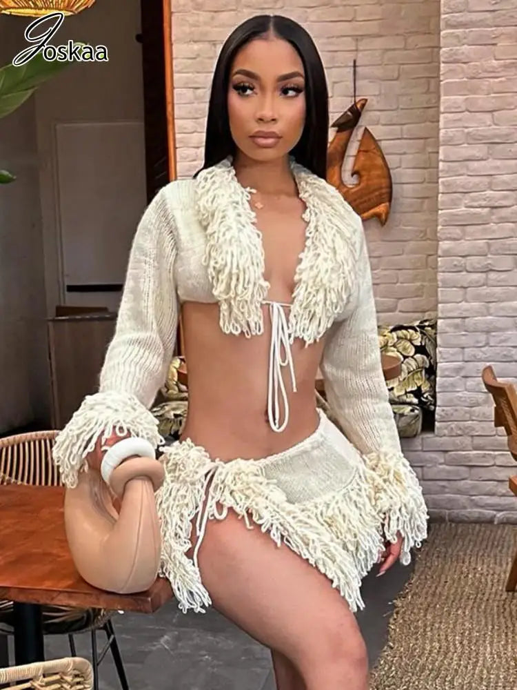 Women Hipster Sexy Long Sleeve Lace-Up Cardigan Tops and Mini Skirts