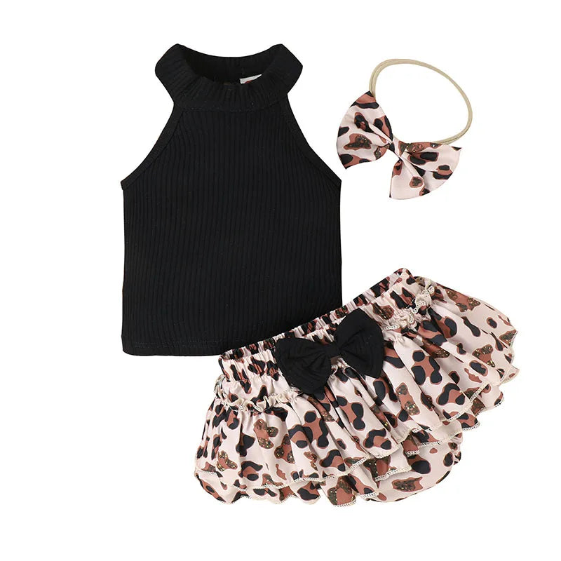 Baby Girls Hanging Neck Sleeveless Vest+Leopard Print Bow Shorts+Headband