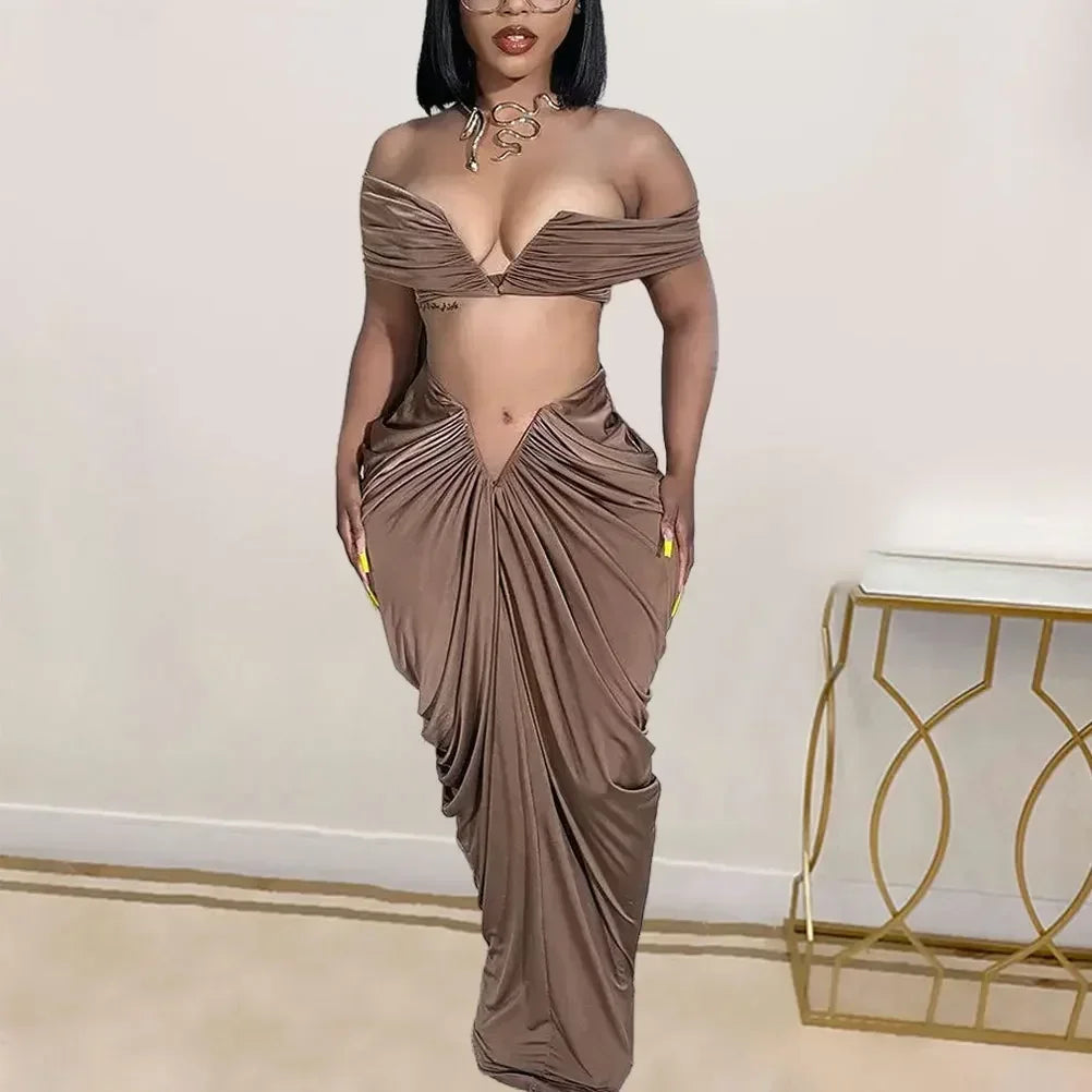 Off Shoulder Crop Top and Low Waist Maxi Long Skirts Two Piece Sets Outfits