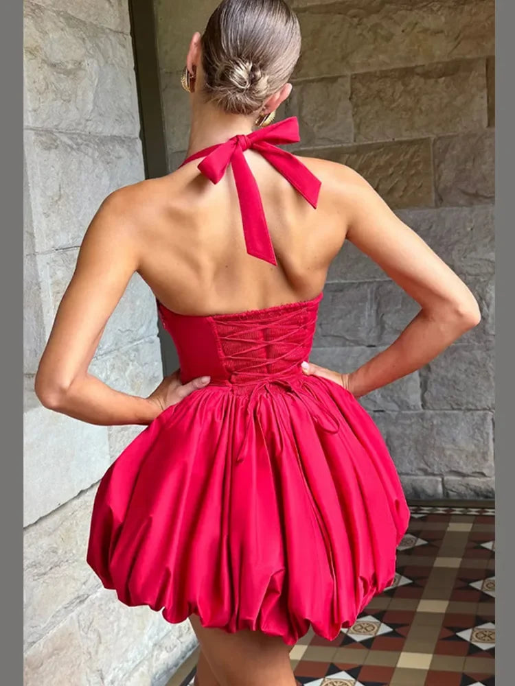 Blush Elegance Lace-Up Puff Hem Mini Dress