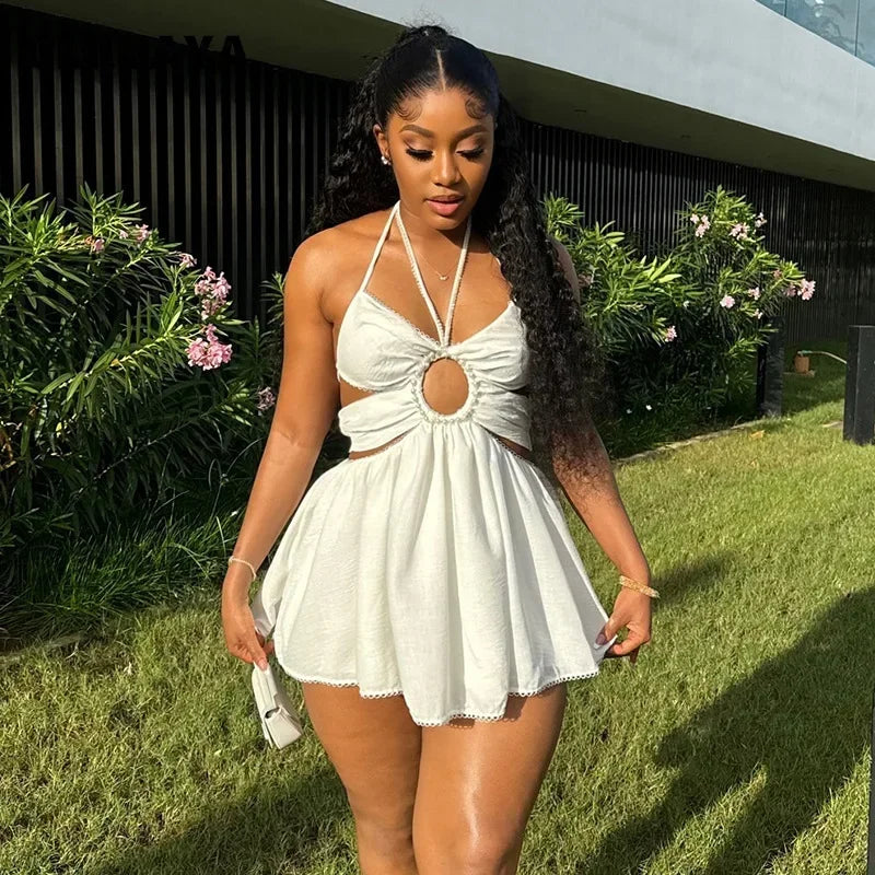Starlit Glow Beaded Halter Mini Dress