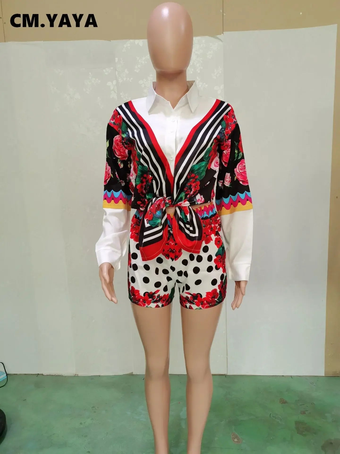 Elegant Floral Women's Set Long Sleeve Shirt and Shorts Suit Tracksuit