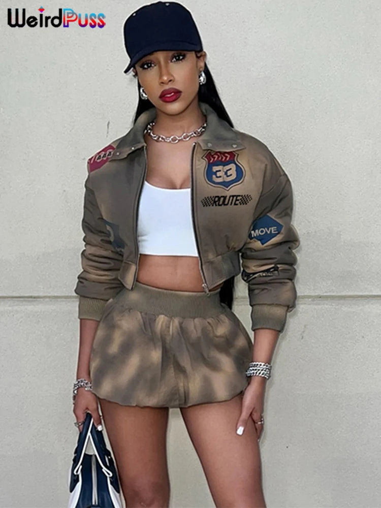 Women Letter Print Zip Jacket+Waistband Puffy Skirt Matching Street Casual Vintage Suit