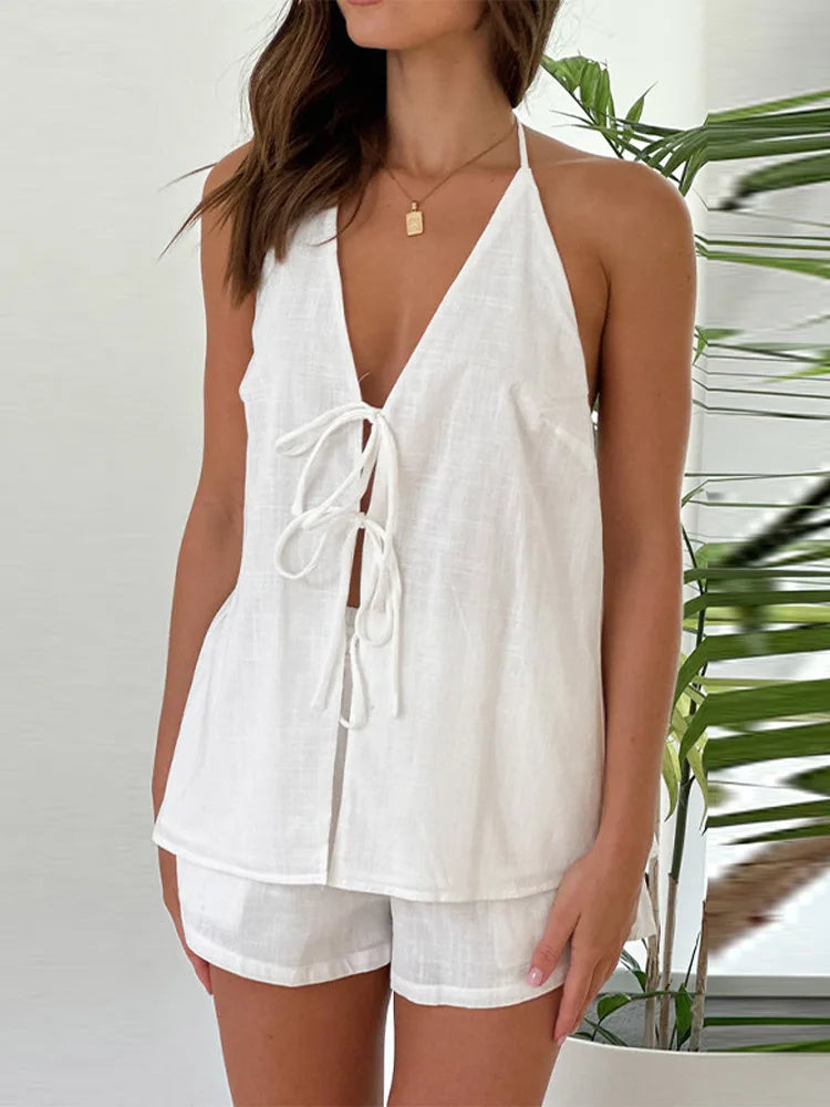 Tie-Back Top & Flow Shorts for Minimalist Summer Essence Luxe Loungewear Co-Ord