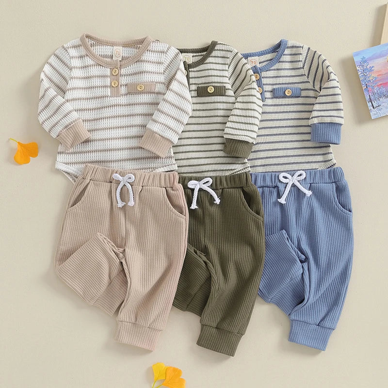 Newborn Baby Boy Girl Fall Winter Clothes Waffle Knit Striped Romper Long Pants Set Home Outfit
