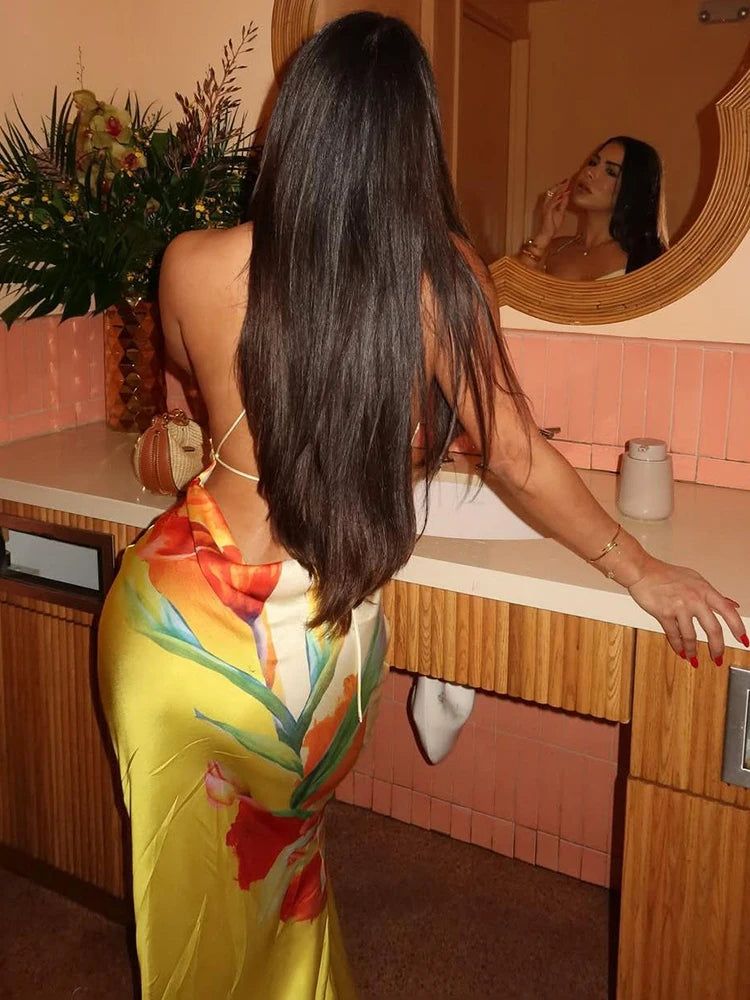 Floral Charm Lace-Up Backless Dress